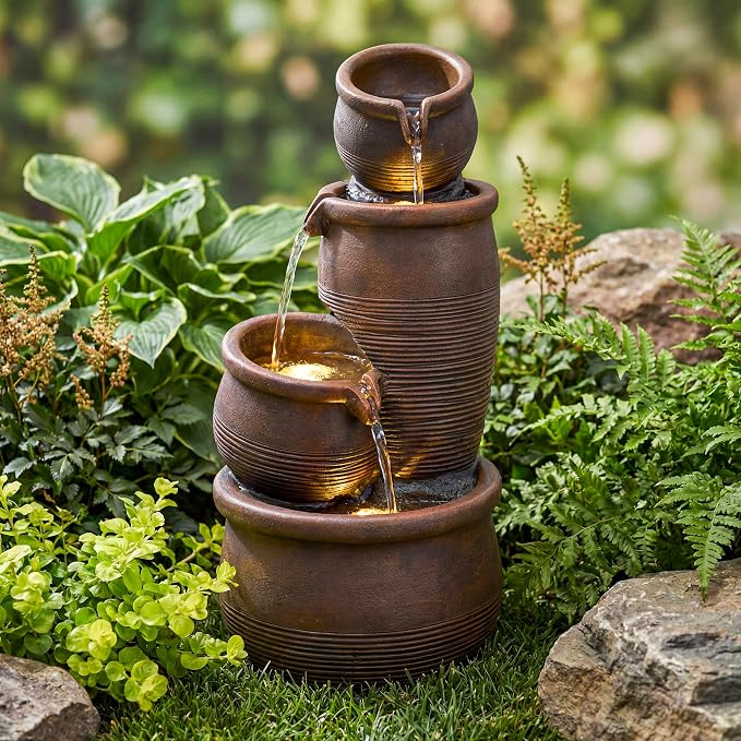 24-Inch Outdoor Water Fountain, 4-Tier Cascading Crocks Resin Garden Waterfall Fountain, with 3 Warm LED Lights, Home Art Decor for Patio, Backyard, Deck, Porch, Farmhouse or Lawn in Brown