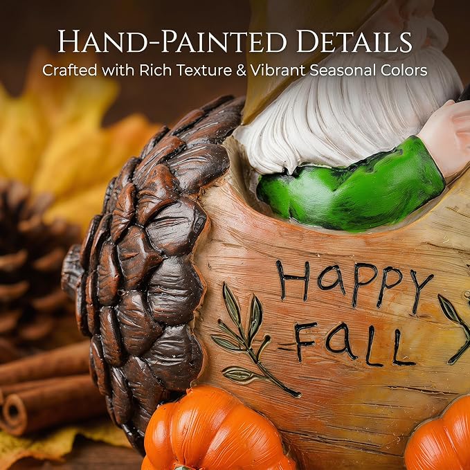 Topadorn Fall Gnome Pine Cone Car Figurine, Resin Harvest Gnome Statue with Pumpkin Wheels and Happy Fall Sign, Thanksgiving Table Decoration, Farmhouse Autumn Decor for Indoor & Outdoor
