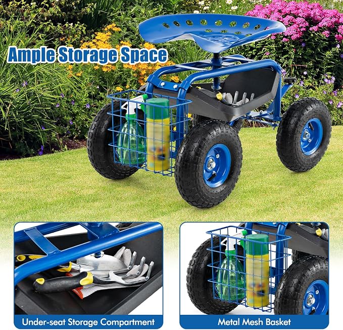 IRONMAX Garden Cart with Seat, Gardening Rolling Stool Scooter with 10’’ All-Terrain Wheels, Convenient Pull Handle & Tool Tray and Basket for Outdoor Planting (Blue)