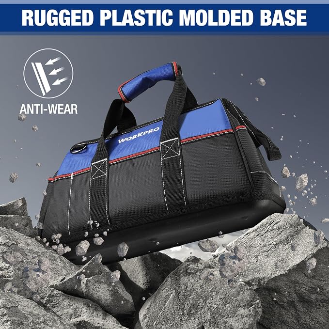 WORKPRO 16-inch Wide Mouth Tool Bag, Heavy Duty Cloth Tool Storage Bag with Water Proof Molded Base, Adjustable Shoulder Strap, Father Day Gifts for Men