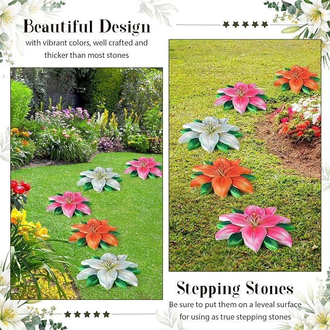Cinnvoice 3 Pack Garden Stepping Stone Outdoor, Decorative Dimensional Resin Stepping Stones for Patio Pathway Landscaping Walkway Sculpture Yard Backyard Lawn(Lily,10 Inches)