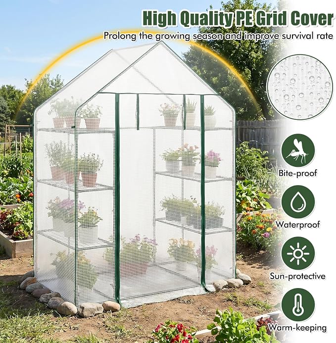 Giantex Walk-in Greenhouse, 4 Tier 8 Shelves, Portable Plant Garden House Indoor Outdoor Mini Growing House for Herb Flower Succulent, Zipped Door, Metal Frame (Clear)
