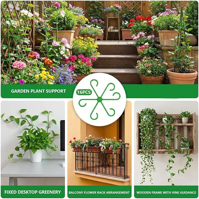 Opasyo 16PCS Plant Stem Support for Indoor Plants, Climbing Houseplant Stem Supports, 4 Sizes Reusable Clips for Monstera, Orchid & Pothos, Climbing Stem Holders (Green)