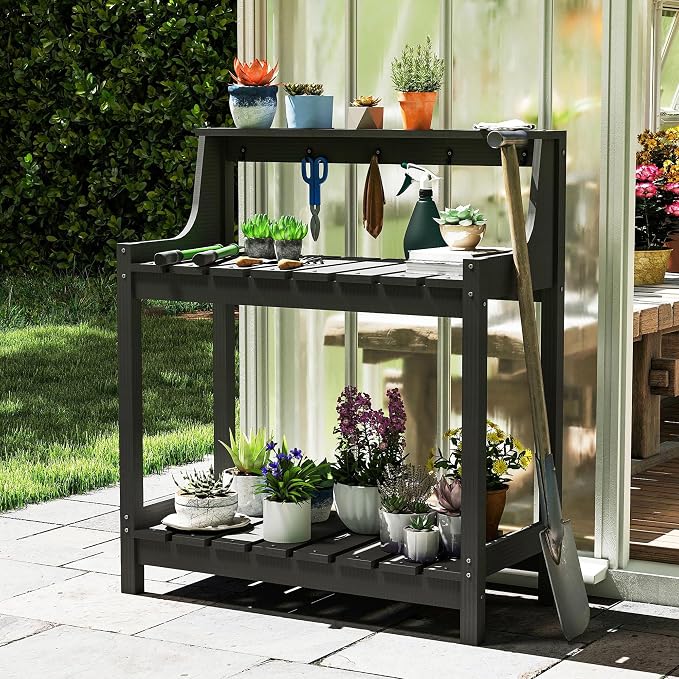 Garden Potting Bench for Outside, HDPE Outdoor Potting Table with Storage Shelves & Tool Hooks, All Weather Planting Workstation for Patio Backyard Garden (Gray)