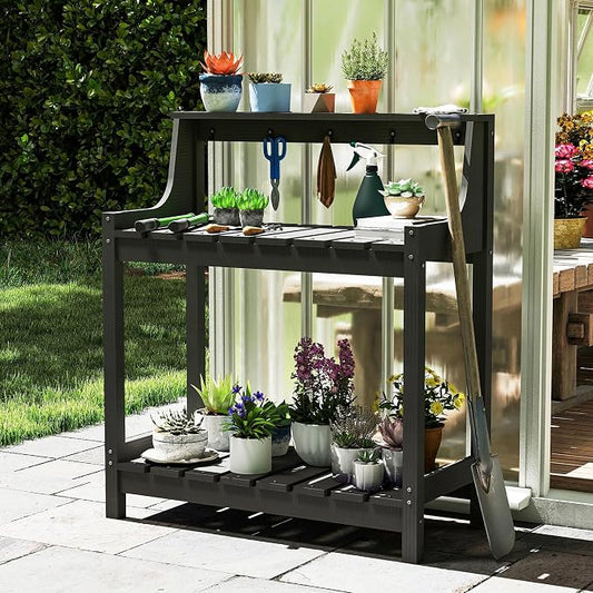 Garden Potting Bench for Outside, HDPE Outdoor Potting Table with Storage Shelves & Tool Hooks, All Weather Planting Workstation for Patio Backyard Garden (Gray)