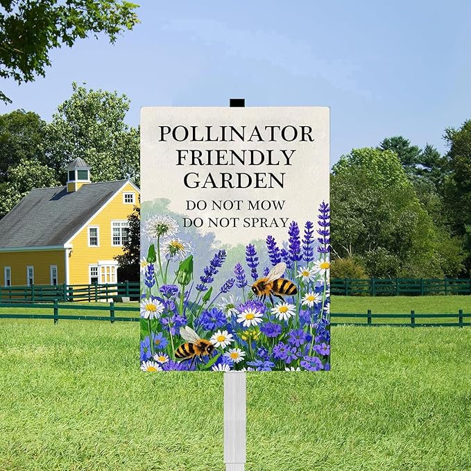 Pollinator Friendly Garden Do Not Mow Do Not Spray Yard Sign With Stakes No Mow Zone Bee Habitat Garden Stake Reflective Rustproof Aluminium No Mow May Signs Outdoor 8X12 IN