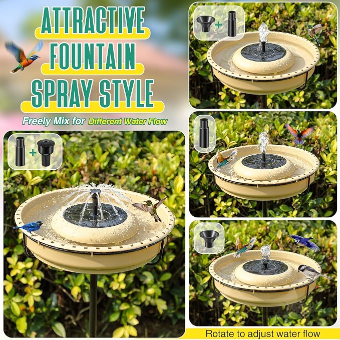 15.7 Extra Large Solar Powered Bird Bath with Fountain with 1.67 Gallon Capacity,5 Prong Stake Bird Bath for Outdoor,Hummingbird Drinking Bowl with Solar Fountain Pump Set,4 Water Patterns for Garden