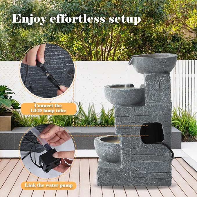 4-Tier Outdoor Garden Water Fountain, 22" H Modern Resin Cascading Bowls Fountain with LEDs and Pump, Freestanding Fountains and Waterfalls for Yard, Porch and Patio Indoor Decor (Grey)