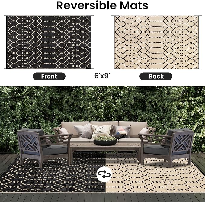 Smiry Outdoor Rug 6x9 ft, Waterproof Reversible Plastic Straw Rugs, Boho Outdoor Area Rug, Outside Floor Mat for Patio, Backyard, Deck, Picnic, Beach, Camping, Beige