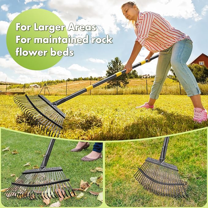 Rake for Leaves, Heavy Duty Leaf Rakes for Lawns & Yard - 79” Adjustable Long Handle 18” Width 25 Metal Tines - Gardening Rake for Adults Kids for Shrub,Grass,Mulch