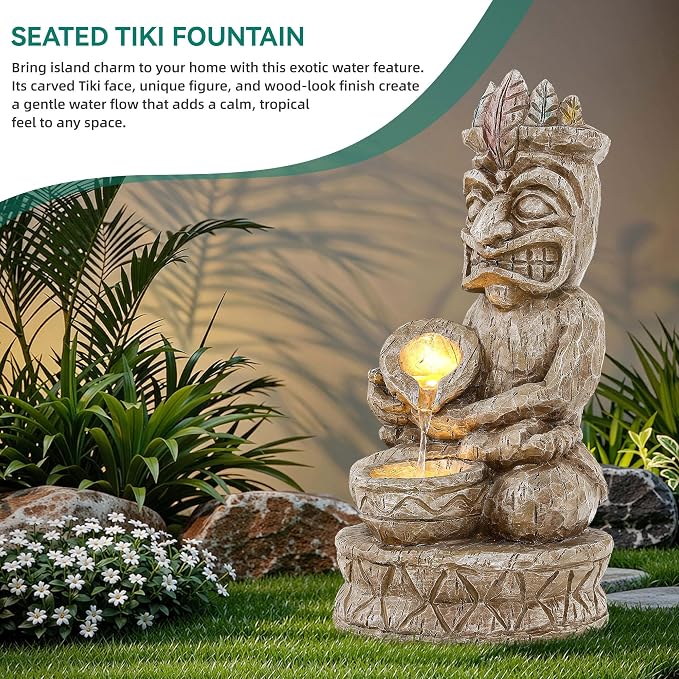 23" Tiki Outdoor Water Fountain, 2-Tier Water Feature with LED Lights, Soothing Cascading Waterfall for Tranquile, Relaxing, Meditative Patio, Backyard, Garden or Porch