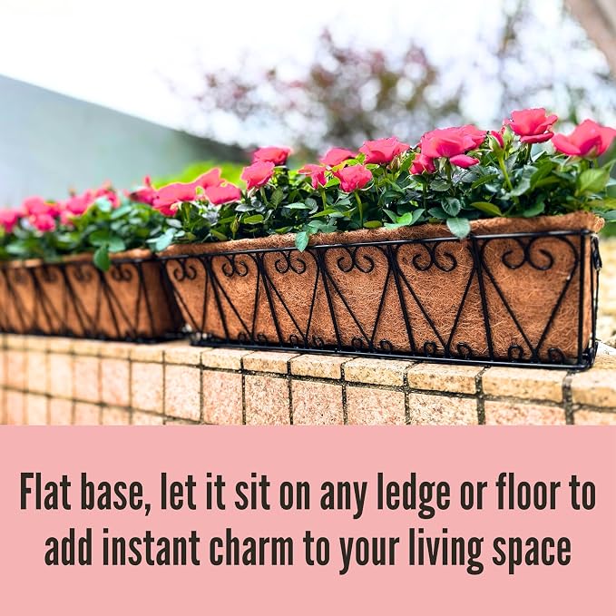 LaLaGreen Wall Hanging Planter - 4 Pack, 24 Inch Large Black Window Flower Basket Boxes Outdoor Attach House, Rectangular Deck Railing Hanging Pot with Coco Liner Over Rail Fence Balcony Patio Porch
