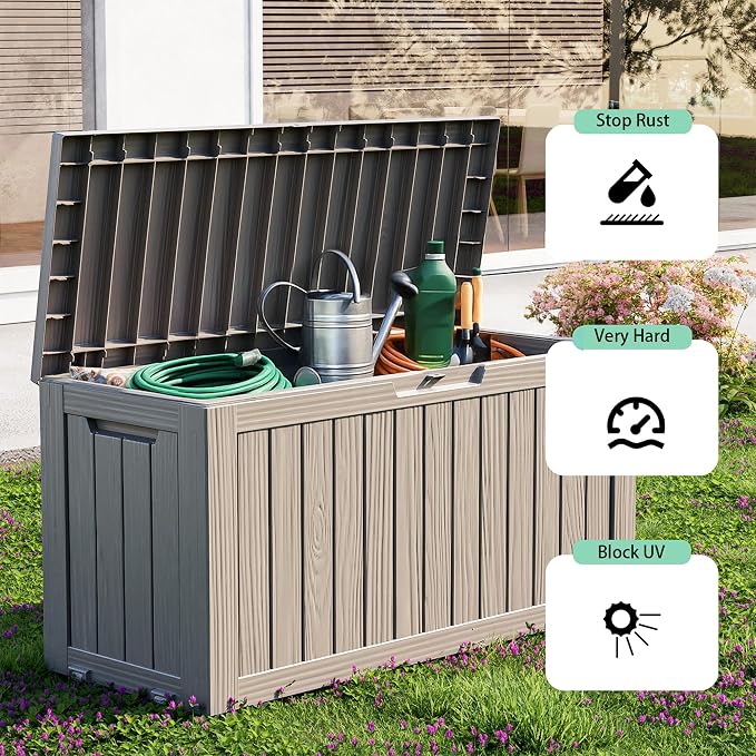 90 Gallon Outdoor Storage Box Waterproof, Resin Lockable Deck Box with Lid, Large Capacity Weatherproof Container for Patio Furniture Pool Accessories, Side Table and Cushions(Grey, 90 Gallon)