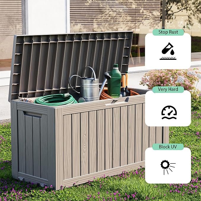 EasyUp 92 Gallon Reinforced Resin Deck Box – Waterproof & UV-Resistant Outdoor Storage, Large Capacity Patio Storage Bin for Furniture Cushions, Throw Pillows, Garden Tools, Pool Floats, Gray