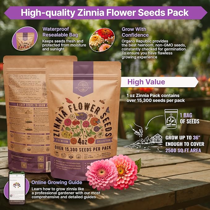 Zinnia Seeds Pack 4 oz - Over 15,300 Non-GMO Heirloom Zinnia Seeds for Planting, Annual Flowers in Individual Seed Packet for Planting Home Garden Indoor & Outdoor Gardening (Pack of 2)