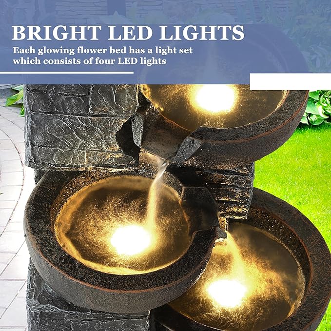 Grepatio Outdoor 4-Tiers Water Fountain, Garden Cascading Waterfalls Fountain with 4 LED Lights, 21.9" H Modern Indoor/Outdoor Bowl Waterfall Feature Water Fountains for Garden, Yard Decor (Brown)