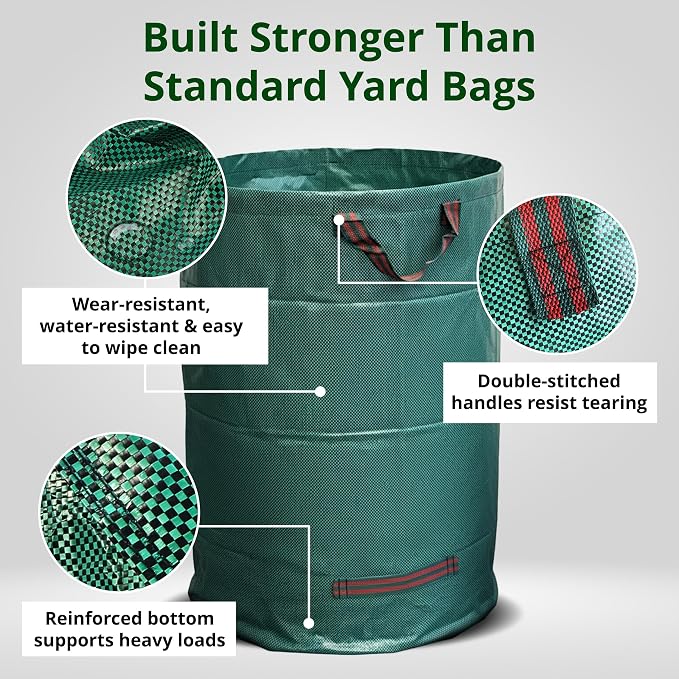 GardenHOME 53 Gallon Reusable Yard Leaf Bags with Gloves, Heavy Duty Garden Waste Bags with Reinforced Handles for Leaves, Grass, and Lawn Trash Collection Pack of 3
