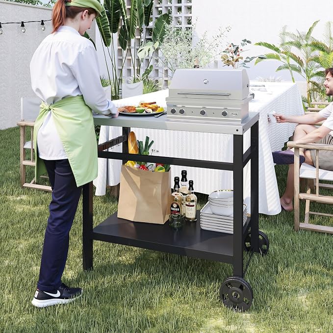 DDK Outdoor BBQ Prep Cart | 2-Tier Grill Table with Stainless Steel Top | Rolling Utility Cart for Patio, Pizza Oven, Grilling & Meal Prep