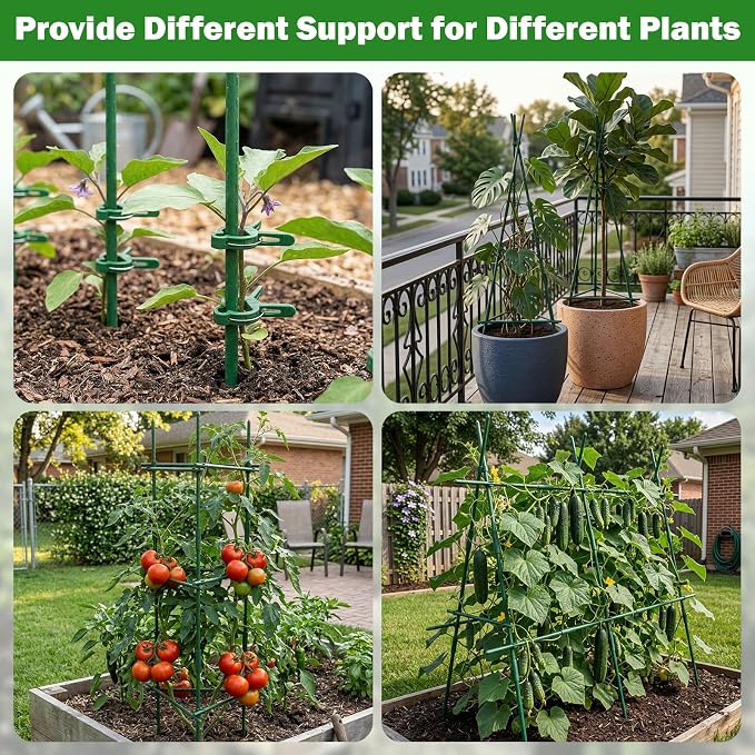 Garden Stakes 20 Pack, 16 Inch Plastic Coated Metal Plant Support Stakes, Sturdy Tomato Stakes with 14 Connectors 14 Rotatable Clips 14 Plant Clips for Indoor Outdoor Vegetables