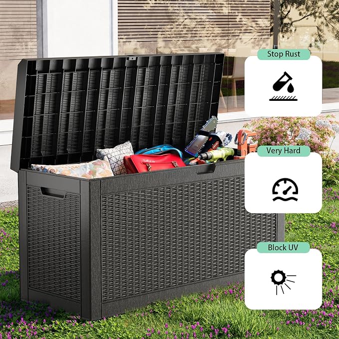 EasyUp 70 Gallon Outdoor Storage Box, Outdoor Deck Boxes for Garden Tools Equipment,Cushions and Patio Storage,Lockable and Resin,Easy to Install(Black)