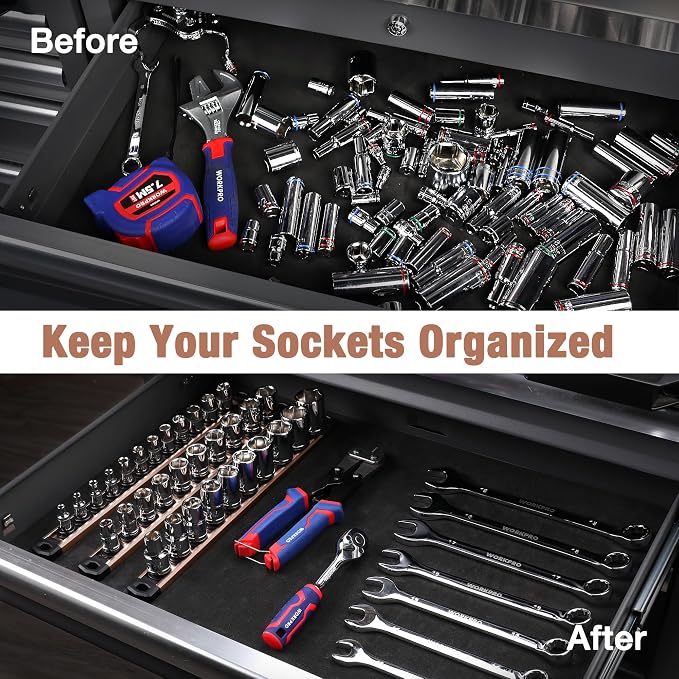 WORKPRO Magnetic Socket Organizer, 1/4-Inch Drive Aluminum Alloy Socket Rail, Heavy Duty Socket Holder, Socket Rack Kit 1/4-Inch x 12 Clips Champagne (Socket not Included)