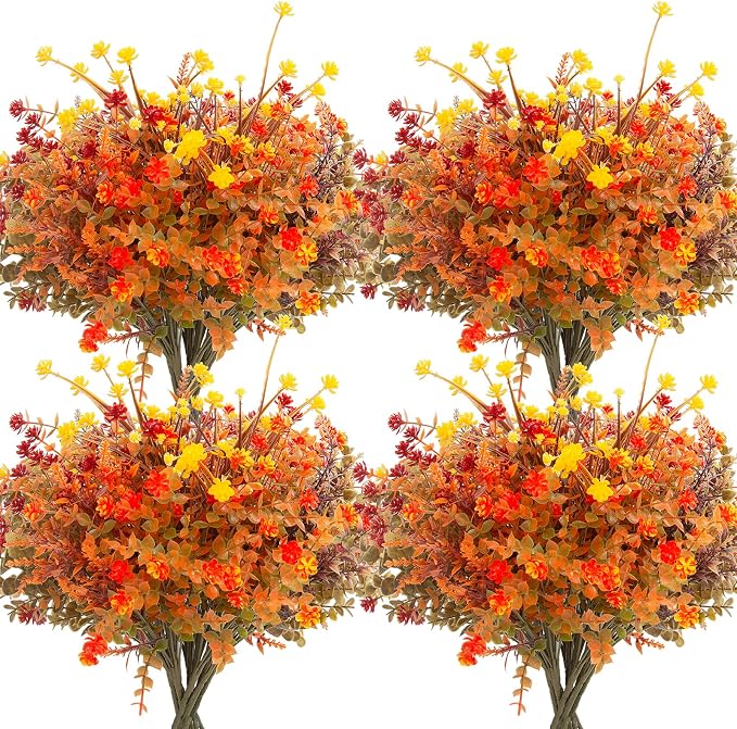 Hananona 24 Pcs Artificial Fall Flowers Outdoor, Faux Artificial Plants UV Resistant Plastic Autumn Flower for Hanging Planter Front Door Porch Window Home Decor (24, Orange)