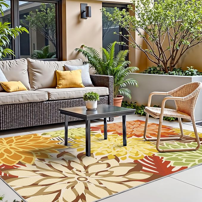 Colorful 5x8 Outdoor Area Rug Washable Multicolored Patio Rug Tropical Botanical Floral Chenille Waterproof Outdoor Carpet for Living Room, Deck, Backyard, Porch, Orange