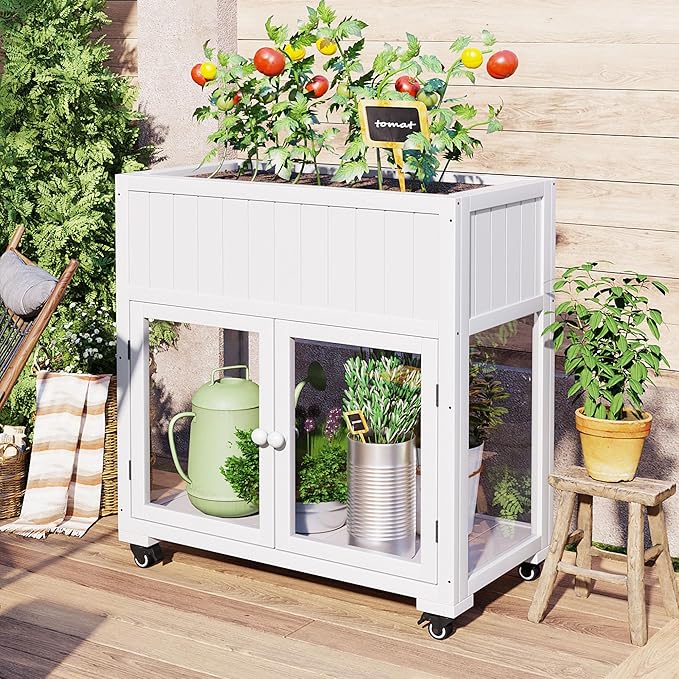 Merax Raised Garden Bed with Leg, Potting Bench with Wheels Outdoor Garden Work Bench Station Planting Solid Wood Construction for Horticulture w/Storage Cabinet, White