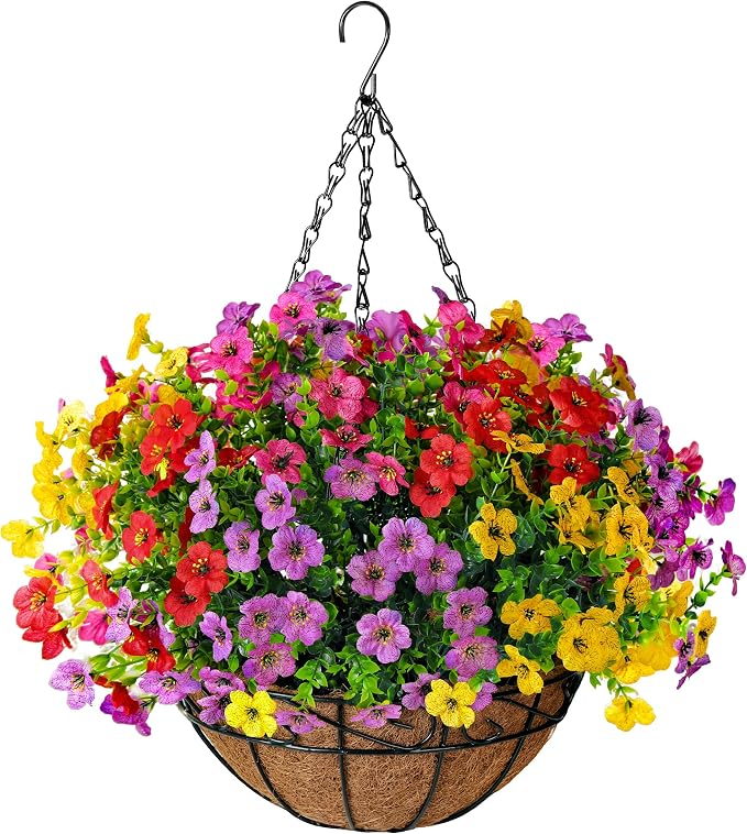 TDHDIKE Artificial Faux Fake Hanging Flowers Plants Basket for Summer Outdoor Outside Decoration UV Resistant Fake Silk Colorful Daisy Eucalyptus for Porch Patio Balcony Yard Garden Home