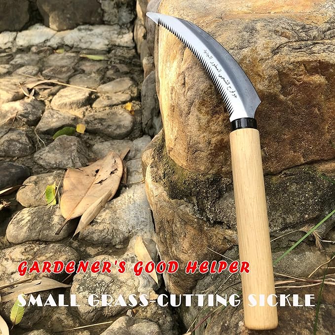 Grass Sickle with Sawtooth Japanese Weeding Hoe Weeding Tools for Garden High Toughness Stainless Steel with Hard Solid Wood Handle(Beige)