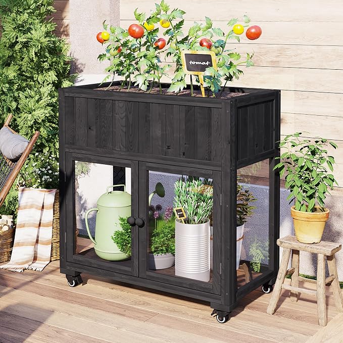 Merax Raised Garden Bed with Leg, Potting Bench with Wheels Outdoor Garden Work Bench Station Planting Solid Wood Construction for Horticulture w/Storage Cabinet, Black