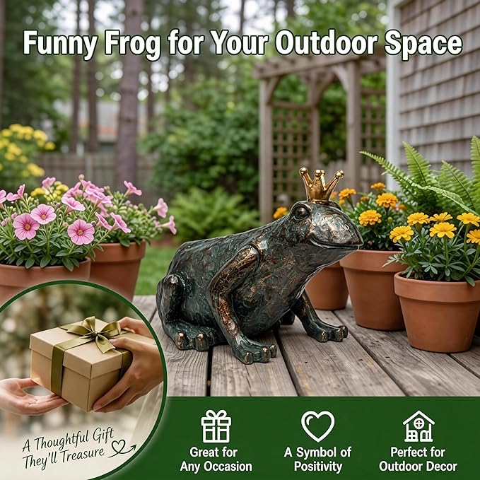 Crouching Frog Prince Garden Statue, Yard Decorations Outdoor Decor, Weather-Resistant Animal Figurines & Sculptures for Patio & Porch, 11.5" L×8" H