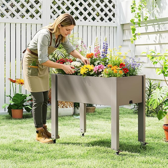 Elevated 26.3" Tall Raised Garden Bed with Wheels - Outdoor Mobile Resin Planter Box with Drainage Holes for Vegetables Flower Herbs, Weather Resistant, Light Brown (26.3" h)