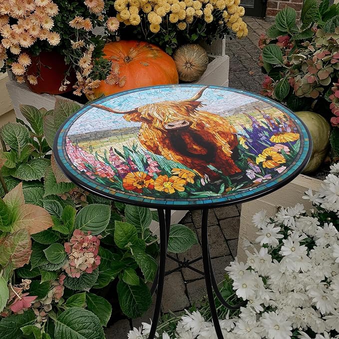 18" Outdoor Side Table, Highland Cattle Round Accent Table, Metal Indoor Small End Tables, Plant Stand Tables for Patio Yard Balcony Garden Bedside