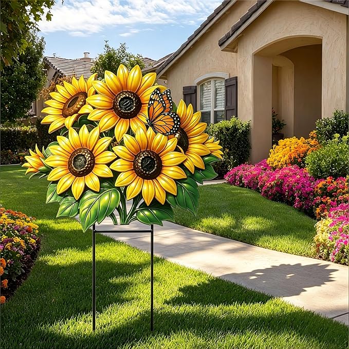 Amyhill Summer Sunflower Metal Garden Stake 20 Inch Sunflower Welcome Yard Sign Decoration Outdoor Sunflowers Decorative Garden Stake for Home Outside Lawn Patio Walkway Backyard Porch Decor