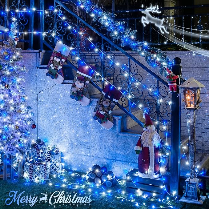 JMEXSUSS 500 LED Blue and White Christmas Lights, 8 Modes 163ft String Lights Plug in with Remote Control, Clear Wire Christmas String Lights Outdoor Waterproof for Outside Tree Yard Wedding