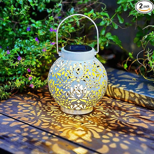 2 Pack Outdoor Solar Hanging Lantern Lights Metal LED Decorative Lamp for Garden Patio Courtyard Lawn and Table with Hollowed-Out Design (White)