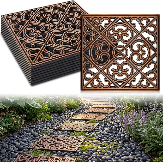 Pangda 8 Pcs Rubber Stepping Stones Outdoor Garden Walkway, 12 x 12 Inch Heavy Duty Pathway Pavers Retro Decorative Stepping Stones for Outside Landscaping Yard Lawn Path(Copper,Cross Square)