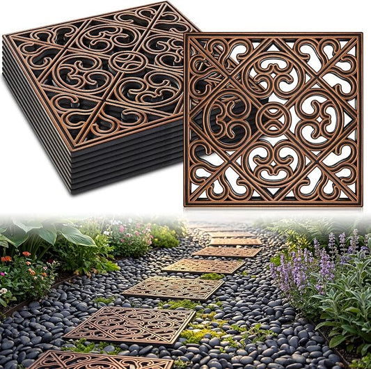 Pangda 8 Pcs Rubber Stepping Stones Outdoor Garden Walkway, 12 x 12 Inch Heavy Duty Pathway Pavers Retro Decorative Stepping Stones for Outside Landscaping Yard Lawn Path(Copper,Cross Square)