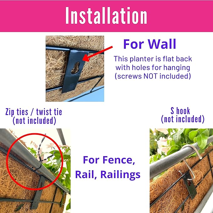 LaLaGreen Wall Mounted Planters - 24 Inch, 4 Pack Window Flower Boxes Basket Outdoor, Balcony Planter Over the Rail, Deck Railing Hanging with Coco Liners, Metal Horse Troughs Fence Patio Porch