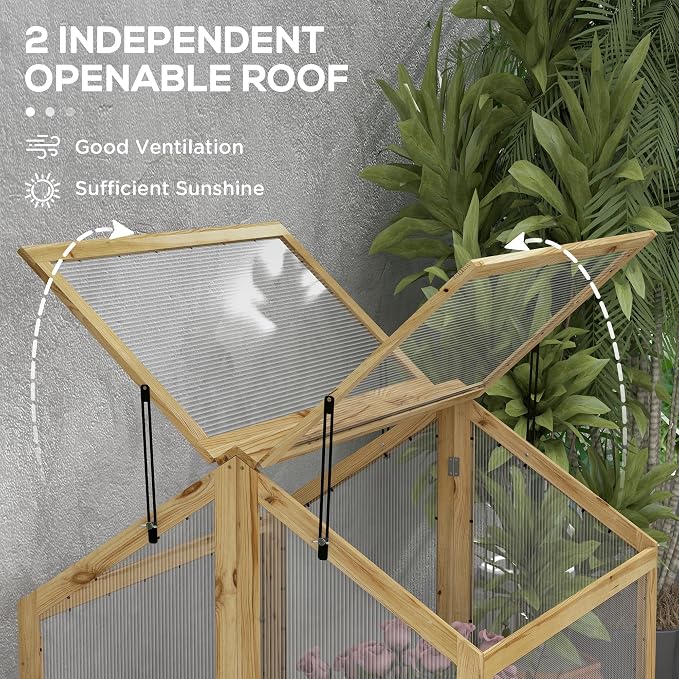 Outsunny Raised Garden Bed with Polycarbonate Greenhouse, Wooden Cold Frame Greenhouse, Garden Flower Planter Protection, Peak Roof, 35.5" x 31.5" x 36", Natural