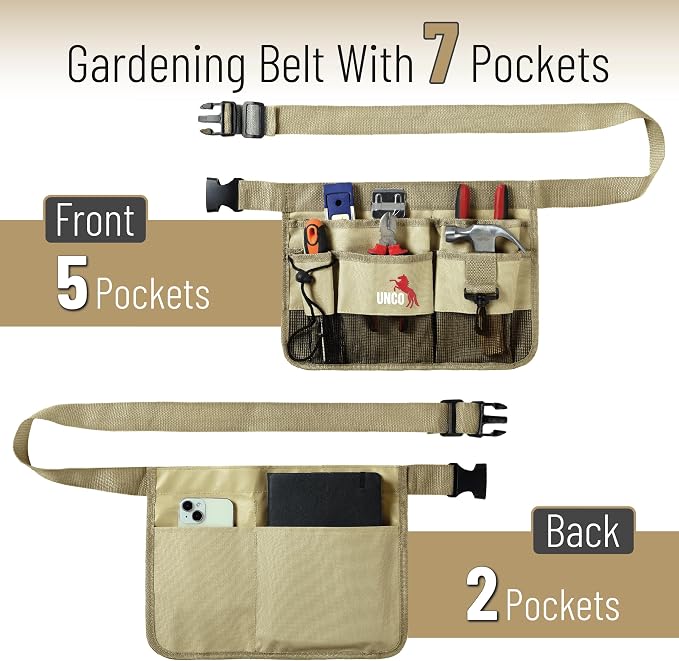 UNCO- Adjustable Gardening Belt, Khaki, 7 Pockets, Wear, Cut and Water Resistant, Garden Tool Belt Pouch, Waist Apron with Pockets