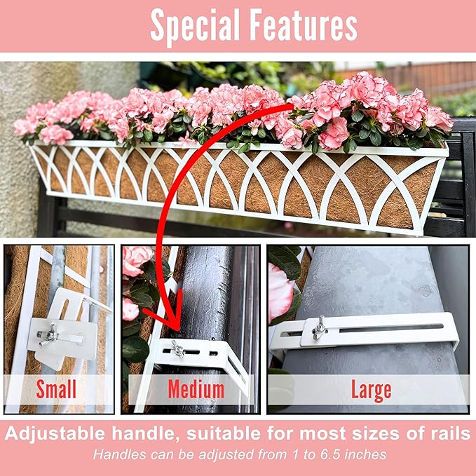 LaLaGreen Railing Planter Boxes (2 Pack, 36") White Metal Rectangular Window Box for Outdoor Plants, Large Wall Hanging Planters with Coco Liner Modern Garden Fence Horse Troughs Patio Porch Decor