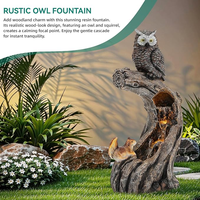 32" H Resin Owl Tree Trunk Fountain Outdoor, Forest Style 4-Tiers Water Feature Outdoor with Lights, Soothing Cascading Waterfall for Patio, Backyard, Garden or Porch