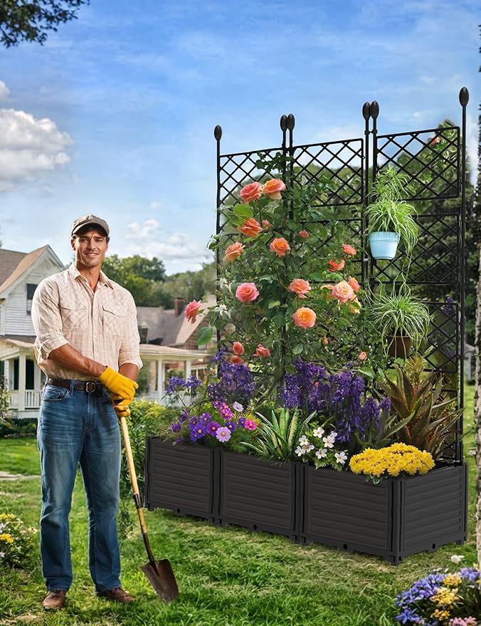 Patikuin 3-Section Sturdy Weather-Resistant Raised Garden Bed with Metal Trellis, Vertical Modular Planter Box & Privacy Screen for Climbing Plants, Vegetables, Flowers