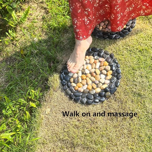 Garden Path Stepping Stone- 12 Inch Round Therapeutic Massage Stones, 3pcs Outdoor Decorative Stone Mats for Yard Pathway, Non-Slip Acupressure Flooring (Eco-Friendly, Polished River Rock)