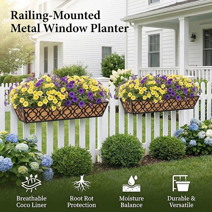 6 Pack 30 Inch Railing Planter Box with Coco Liner, Adjustable Metal Window Box Planter for Balcony Deck Fence, Hanging Flower Basket for Outdoor Garden, Black