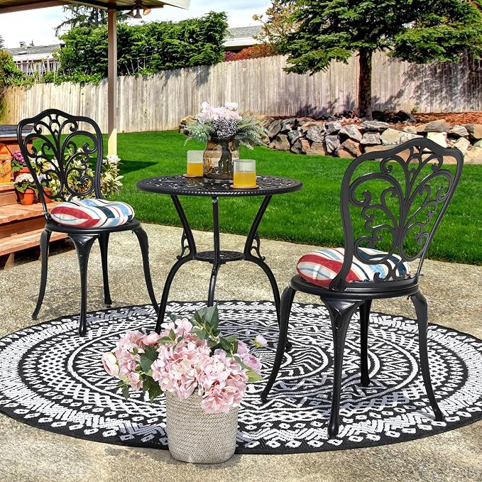 DYTXIII Set of 2 Outdoor Round Chair Cushions 15"x15"x4" with Ties, Water Repellent Tufted Bistro Seat Cushions, Thick Patio Chair Pads for Bar Stool, Garden & Dining Furniture - Stripe Red Blue