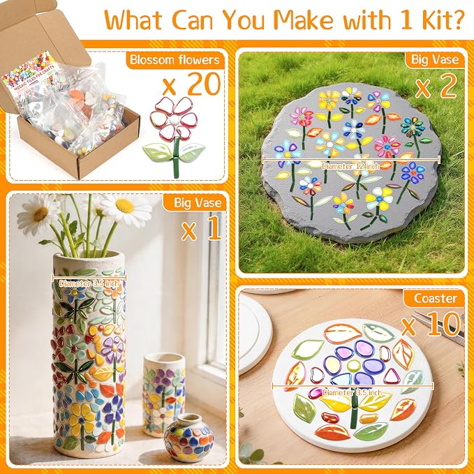 LOTOFUN Mosaic Tiles for Stepping Stones: Ceramic Iridescent 610g Mosaic Tiles for Crafts Bulk with Petals Centers Leaves Stem Decorative Flower Mosaic Supplies for DIY Garden Decor Mother’s Gift