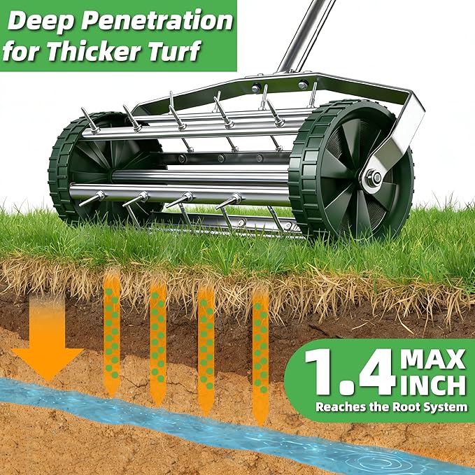 Rolling Lawn Aerator Tool, 57 Inch Back-Saving Handle, Heavy Duty Galvanized Steel Spike Aerator for Grass Roots, 1.4" D Manual Push Loosener